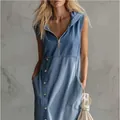 Casual vintage blue hooded denim midi dress with front zipper and side buttons - S / Dresses / Blue