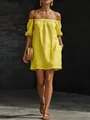 Elegant yellow cotton linen off-the-shoulder mini dress featuring pockets and a relaxed fit - S / Dresses / Yellow