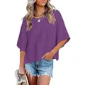 Casual loose purple round neck T-shirt featuring stylish half bell sleeves for women - S / Tops / Purple