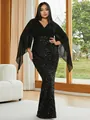 Elegante zwarte avondjurk met pailletten, diepe V-hals en mouwen van chiffon stof - S / Dresses / Zwart
