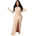 Elegant nude rhinestone sheer mesh bodysuit with dramatic floor-length skirt overlay - S / Set / Apricot
