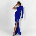 Elegante vestido de noche azul real de un solo hombro con manga larga y gran abertura - S / Vestidos / Azul