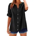 Detail van zwarte casual damesblouse met V-hals en knopen van gestructureerde stof - 3XL / Tops / Zwart