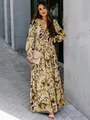 Elegant floral print long-sleeve maxi dress for women in a street style setting - Yellow