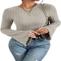 Casual grey ribbed long sleeve T-shirt for women featuring round neck and wavy flared cuffs - Light Gray