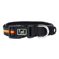 Close-up of a durable reflective black dog collar featuring orange safety stripes and a sturdy buckle - S / Orange