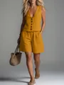Zomerse tweedelige set van mosterdgeel linnen vest en korte broek met wijde pijpen. - S / Boven- En Onderstuk / Geel