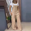 Full length beige denim overalls jumpsuit with wide leg and pockets for women - XS / Set / Khaki