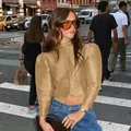 Elegant champagne matte satin cropped shirt with vintage puff sleeves and stand collar. - S / Tops / Gold