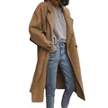 Elegant long camel double-breasted wool coat for women, ideal for autumn and winter outfits. - M / Tops / Khaki