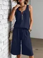 Marineblauw tweedelig setje met mouwloze top met halve rits en wijde shorts voor dames - S / Boven- En Onderstuk / Donkerblauw