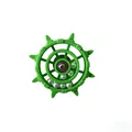 Detailed view of green plastic ship's wheel parrot toy with rotating white beads - Green (White Beads)