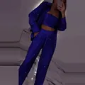 Elegant royal blue sequined three-piece set with long sleeve shirt, tube top, and pants. - S / Top And Bottom / Blue