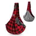 Reversible red and black plaid pet sling carrier bag with adjustable buckle strap. - Adjustable Buckle Style / Red Check