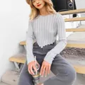 Women's light grey ribbed long sleeve crop top sweater with irregular V-cut hemline - S / Tops / Light Gray