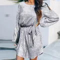 Detailed view of shimmering silver sequin mini dress featuring a velvet tie waist belt - S / Dresses / Silver