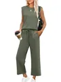 Casual olive green sleeveless tank top and wide-leg pants two-piece set for women - Grey Green