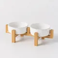 Cuencos dobles de cerámica elevados con diseño de huellas y un soporte de bambú natural - Juego Cuenco Pequeño + Soporte de Bambú Elevado Simétrico