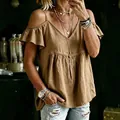 Close-up detail of women's brown cold-shoulder top featuring ruffle sleeves and a V-neckline - 2XL / Tops / Coffee