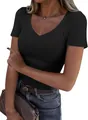 Detailed macro shot of slim-fit black ribbed V-neck t-shirt worn by a female model. - S / Tops / Black Short Sleeve