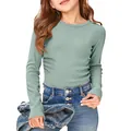 Detailed view of children's long sleeve ribbed t-shirt showing the soft teal fabric texture. - S / Tops / Light Green