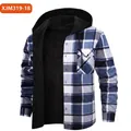 Men's blue and white plaid flannel shirt with warm fleece lining and black hood - 3XL / Tops / JM319-18 (Blue & White Plaid)