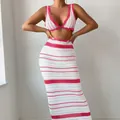Fashionable pink and white striped crochet knit top and maxi skirt two-piece set. - S / Top And Bottom / Rose Red