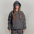 Detail view of grey hoodie featuring a unique built-in eye mask design for travel comfort - S / Tops / Gray