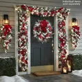 Feestelijke rood-zilveren verlichte kerstkrans en slingers set voor veranda decoratie - Decoratie Set