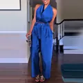 Elegant royal blue two-piece set with a halter top and high-waisted wide-leg trousers - XS / Top And Bottom / Blue