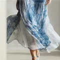 Elegant blue and white patchwork print chiffon midi skirt with a denim waistband - M / Bottoms / Blue