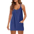 Sleeveless casual solid blue tank dress with front pockets and button neckline details - Dark Blue