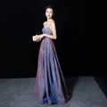 Elegant sparkly gradient V-neck evening gown with spaghetti straps and open back. - S / Dresses / Purple