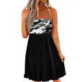 Detailed view of stylish women's camo print strapless ruched dress with black A-line skirt - Camouflage Patchwork Black
