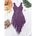 Purple bohemian hand-crocheted beach swimsuit cover-up with stylish fringe detail - Purple