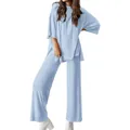 Light blue women's two-piece lounge set with loose short-sleeve top and wide-leg pants - Light Blue