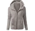 Detailed view of a grey women's fuzzy fleece zip-up hoodie with a warm hood and pockets. - Light Gray