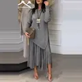Casual grey two-piece knitted set with asymmetrical top and pleated skirt for women - S / Top And Bottom / Gray