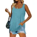 Detailed view of women's teal blue sleeveless square neck tank top on a model - Lake Blue