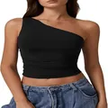 Top corto negro ajustado y sexy de un solo hombro sin mangas para mujer, estilo verano - S / Tops / Negro