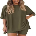 Women's olive green lounge set featuring oversized T-shirt and high-waisted shorts - S / Top And Bottom / Army Green