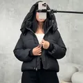 Women's black short hooded puffer jacket with street casual style for winter warmth - S / Tops / Black