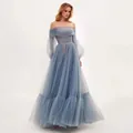 Elegant light blue off-the-shoulder tulle maxi gown with long sleeves for formal events. - S / Dresses / Blue