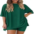 Vista frontale del set da casa verde da donna con t-shirt oversize e pantaloncini biker - Verde Scuro