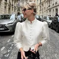 Vintage white puff sleeve short shirt with stand collar in elegant matte satin finish - S / Tops / Apricot
