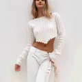 Stylish white ribbed long sleeve crop top sweater featuring an irregular hemline - S / Tops / White