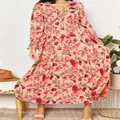 Elegant long-sleeved floral maxi dress with tiered skirt and V-neck ruffled detail. - S / Dresses / Rose