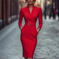 Elegant red long-sleeved midi dress for women featuring waist belt and side pockets - S / Dresses / Red