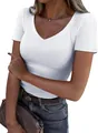 Close-up of white ribbed knit short sleeve V-neck top showing slim fit on model - S / Tops / White Short Sleeve