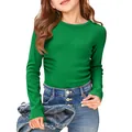 Detailed view of girls' green ribbed long-sleeve T-shirt with crew neck - S / Tops / Green